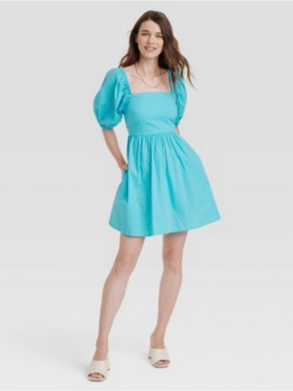 a new day Puff-Sleeve Square-Neck Aqua Sun Dress Size XL